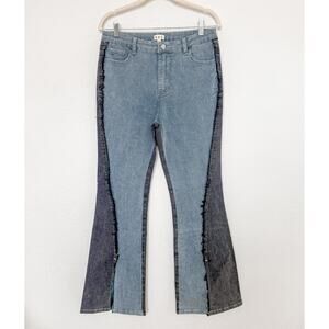 POL Womens Jeans Size Large Contrast Panel Flare Leg High Rise Raw Hem‎ Stretch